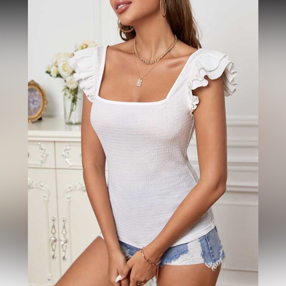 White Ruffle Sleeve Top - Picture 3 of 16